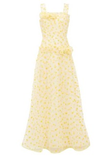 Rodarte - Flocked Heart-print Dropped-waist Tulle Maxi Dress - Womens - Yellow