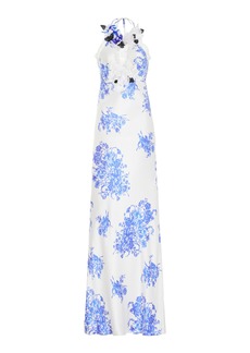 Rodarte - Floral-AppliquÃ©d Lace-Trimmed Floral-Silk Maxi Dress - Blue - US 4 - Moda Operandi