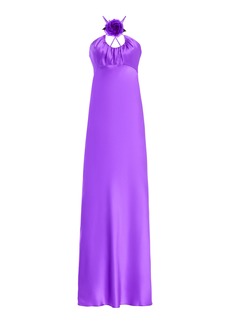 Rodarte - Floral-AppliquÃ©d Ruched Silk-Satin Maxi Dress - Purple - US 6 - Moda Operandi