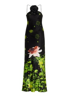 Rodarte - Floral-AppliquÃ©d Silk Maxi Dress - Black - US 6 - Moda Operandi