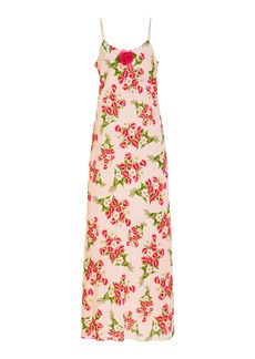 Rodarte - Floral-AppliquÃ©d Silk Midi Dress - Pink - US 4 - Moda Operandi
