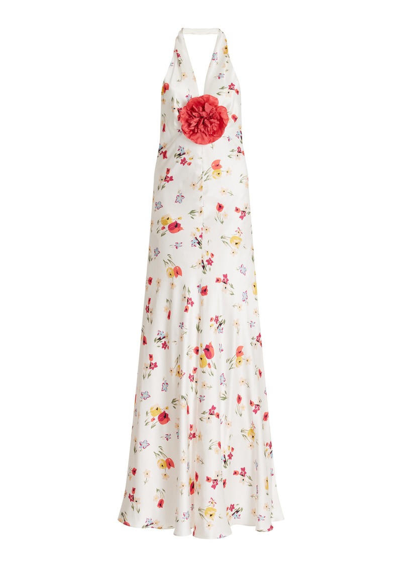 Rodarte - Floral-Detailed Tulip-Print Silk-Satin Halter Dress - White - US 0 - Moda Operandi