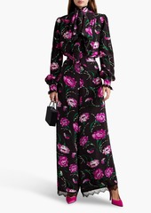 Rodarte - Lace-trimmed floral-print silk crepe de chine wide-leg pants - Black - US 6