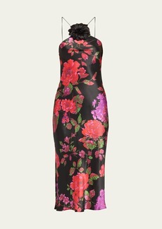 Rodarte Floral Printed Silk Bias Midi Dress with Neck Flower