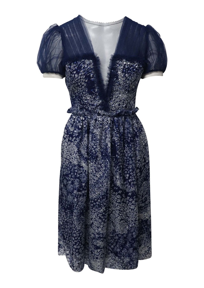 Rodarte Puff Sleeve Knee Length Printed Dress in Blue Silk