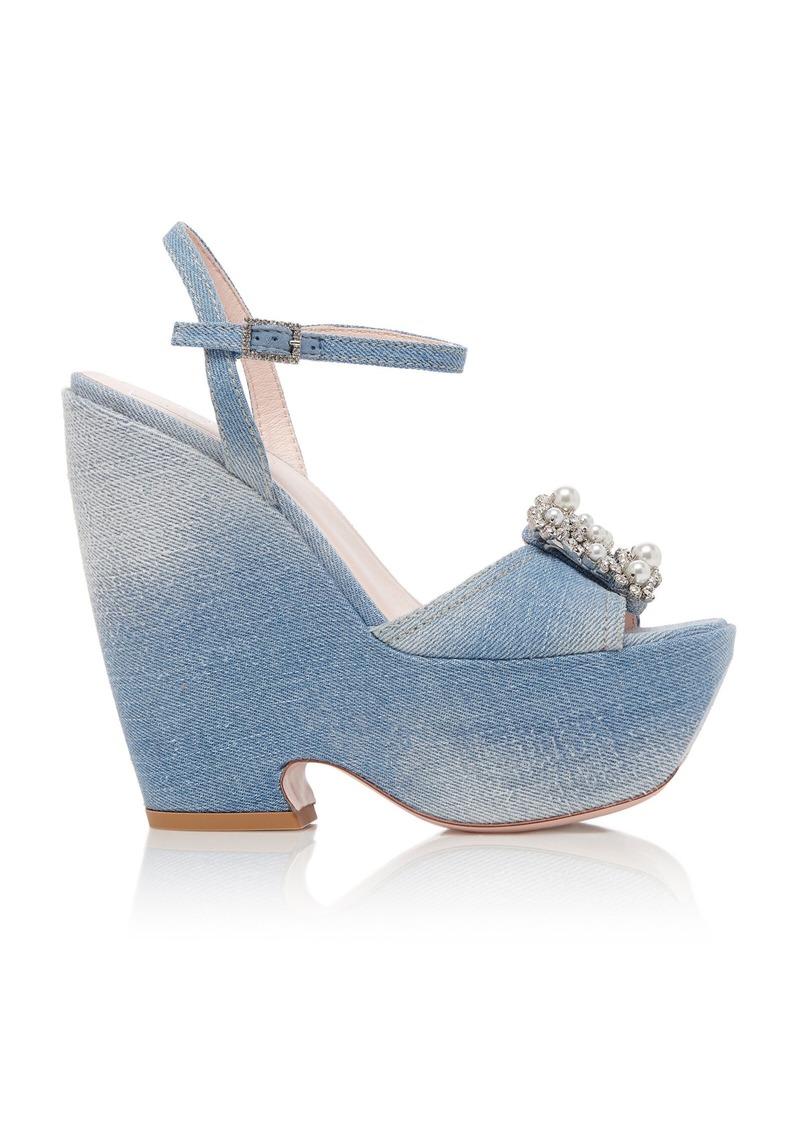 Roger Vivier - Flower Denim Platform Sandals - Blue - IT 36 - Moda Operandi