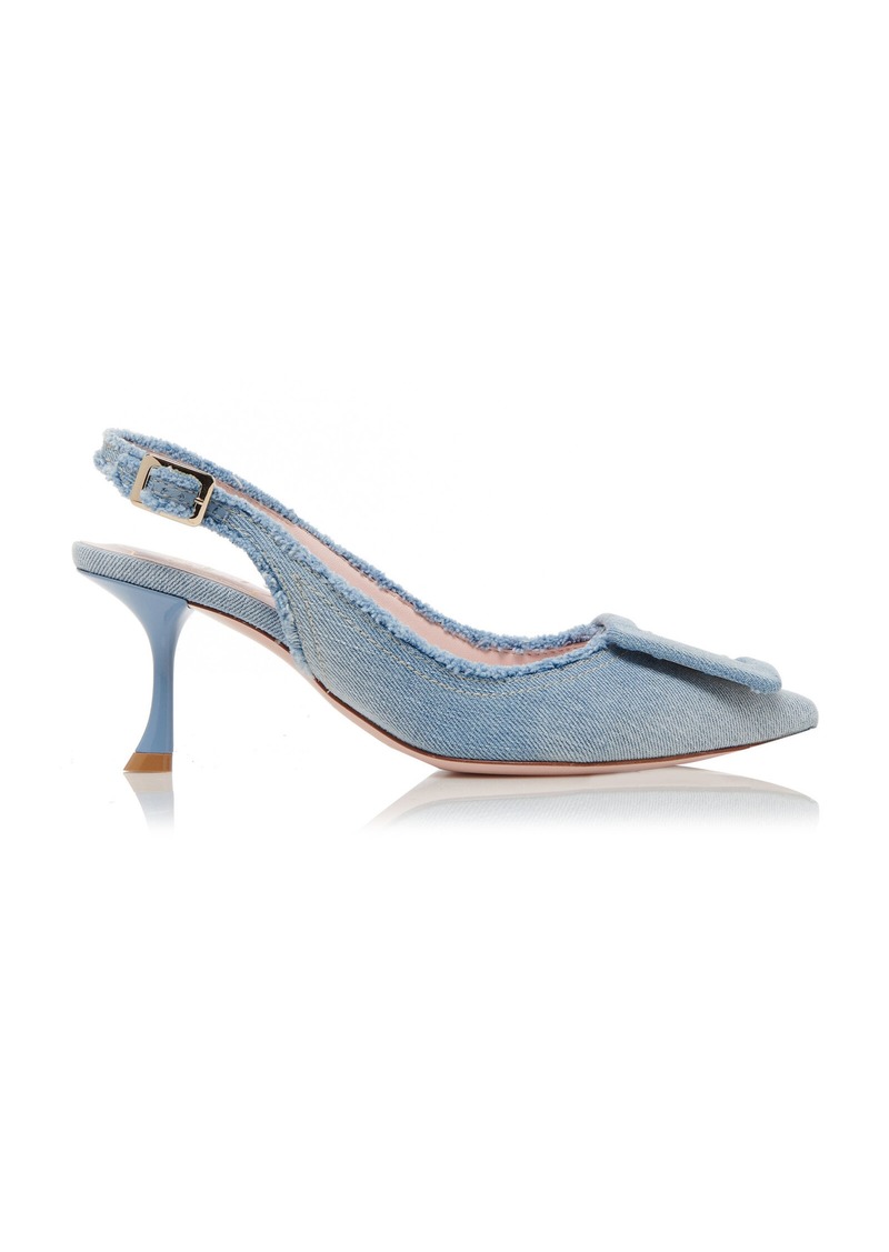 Roger Vivier - Fringed Denim Slingback Pumps  - Medium Wash - IT 35 - Moda Operandi