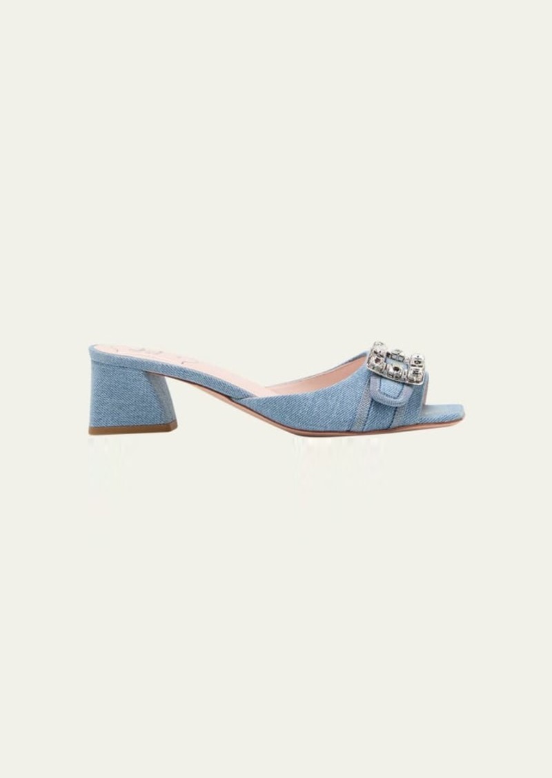 Roger Vivier Denim Crystal Buckle Mule Sandals