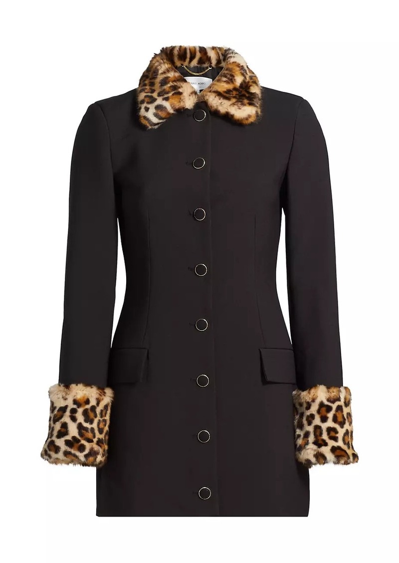 Ronny Kobo Lena Leopard Faux Fur-Trimmed Minidress