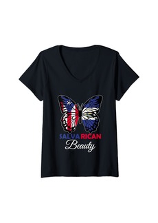 Roots Womens Salvarican Beauty Butterfly Heritage Salvador Puerto Rico V-Neck T-Shirt