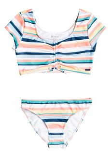 Roxy Kids' Stripe Crop Two-Piece Swimsuit in White at Nordstrom