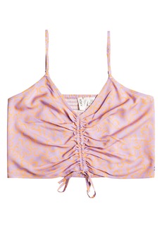 Roxy Vibrant Light Floral Ruched Crop Camisole in Mock Orange Hawaiian at Nordstrom Rack