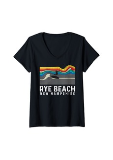 Womens Retro Rye Beach New Hampshire Surfboarder Surfboard V-Neck T-Shirt