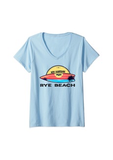 Womens Rye Beach New Hampshire Surfboard Beach Surfing V-Neck T-Shirt