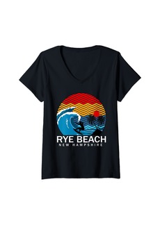 Womens Rye Beach New Hampshire Surfboarder Beach Surfing V-Neck T-Shirt