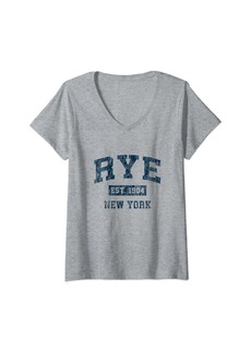 Womens Rye New York NY Vintage Sports Design Navy Print V-Neck T-Shirt