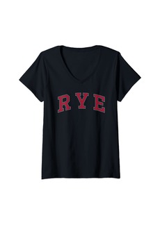 Womens Rye New York Souvenir College Style Red Text V-Neck T-Shirt