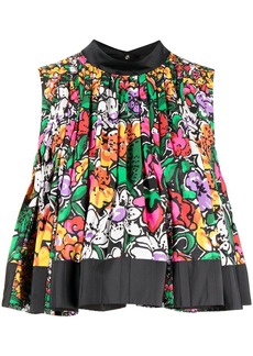 Sacai floral-print pleated sleeveless blouse