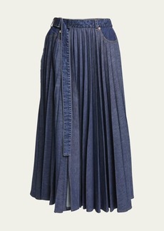 SACAI Belted Denim Pleated Midi Skirt
