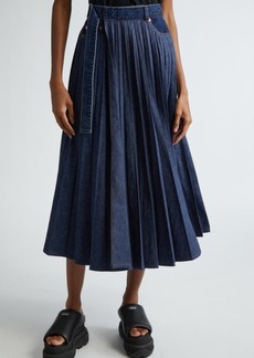 Sacai Belted Pleated Denim Midi Skirt
