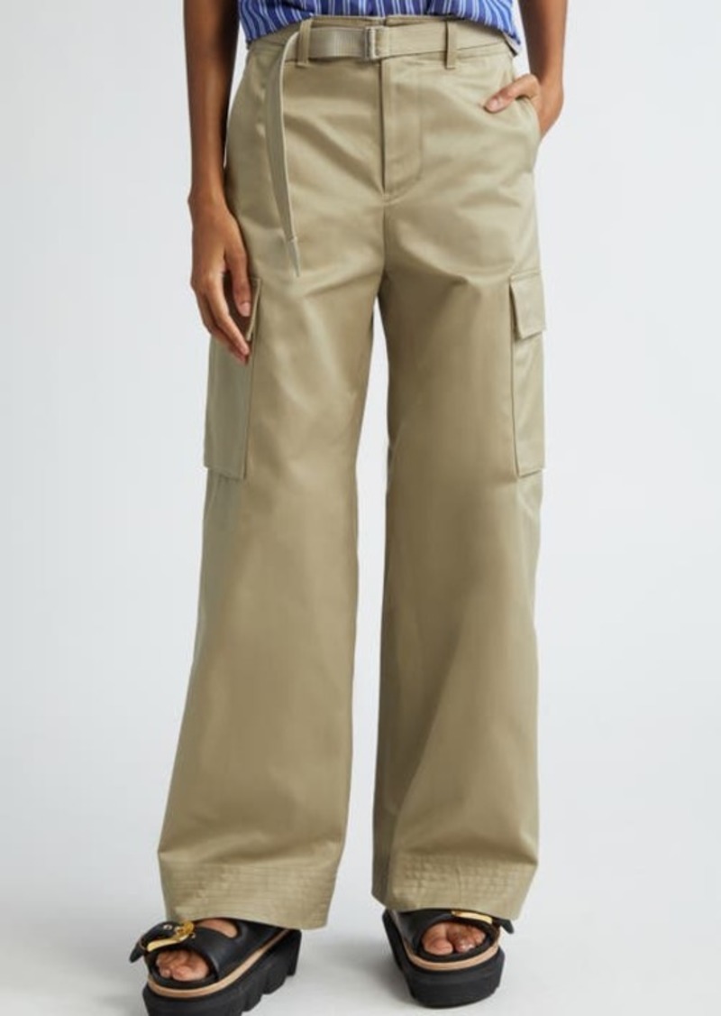 Sacai Belted Wide Leg Cotton Gabardine Cargo Pants