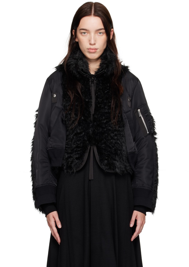 sacai Black Faux Fur & Nylon Twill Bomber Jacket