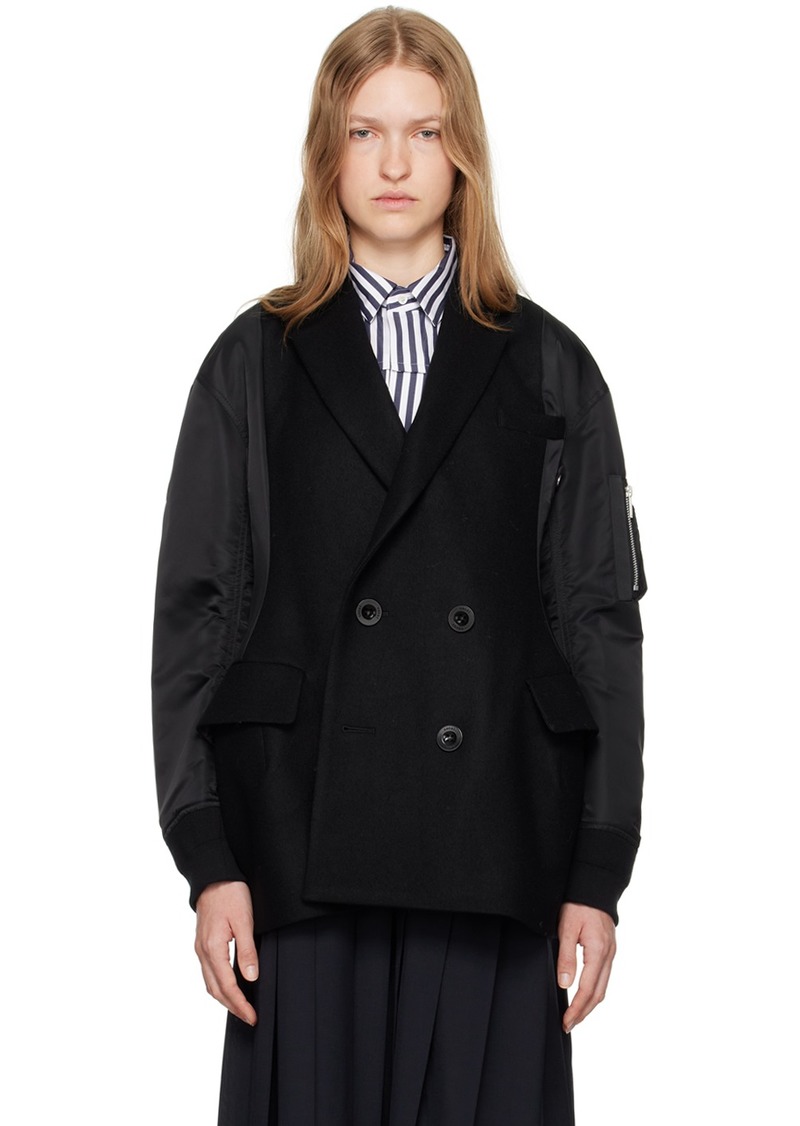 sacai Black Wool Melton & Nylon Twill Quilted Coat