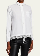 SACAI Button-Front Boxy Striped Poplin Shirt w/ Lace Hem