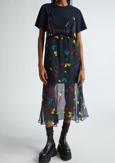 Sacai Floral Print Mixed Media Layered Midi Dress