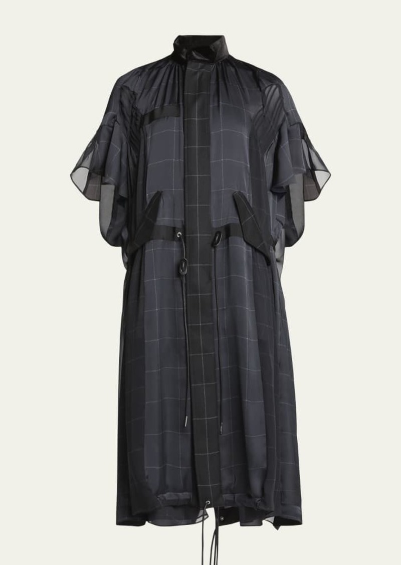 SACAI High Neck Sheer Windowpane Print Pleated Dress