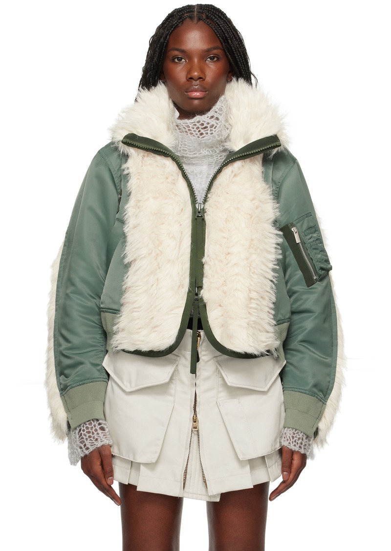 sacai Khaki & Off-White Faux Fur & Nylon Twill Bomber Jacket