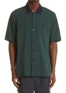 Sacai Monogram Short Sleeve Piqué Button-Up Shirt in Green at Nordstrom