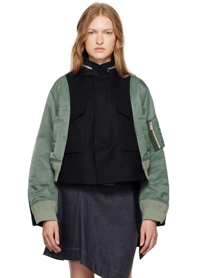 sacai Navy & Green Paneled Bomber Jacket