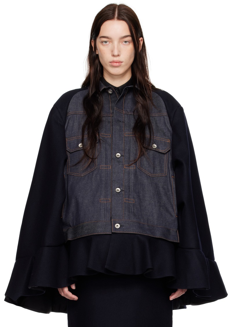 sacai Navy Wool Melton & Denim Cape Jacket