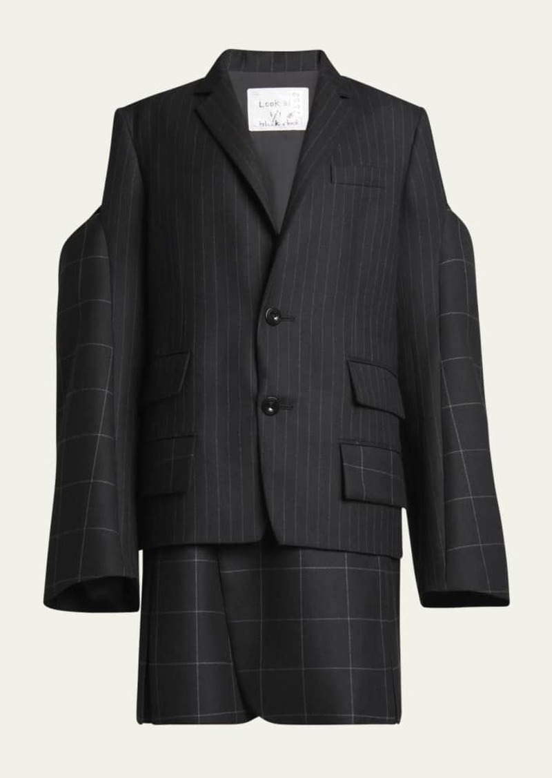 SACAI Pinstripe Windowpane Wool Blazer with Oversized Sleeves