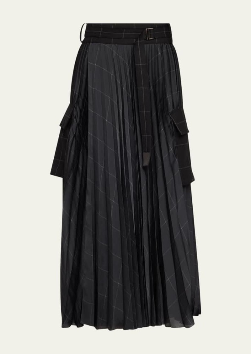 SACAI Pleated Belted Windowpane Print Midi Skirt