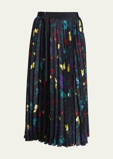 SACAI Pleated Floral-Print Belted Midi Skirt