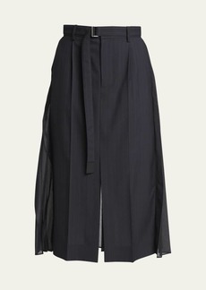 SACAI Pleated Sheer Chalk Stripe Belted Midi Skirt