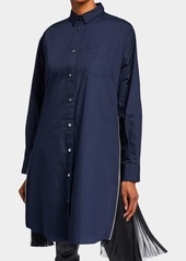 SACAI Pleated-Side Long Button-Front Shirtdress