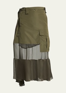 SACAI Sheer Belted Mixed-Fabric Midi Skirt