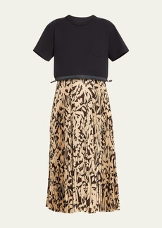 SACAI T-Shirt Dress with Leaf-Print Pleated Skirt