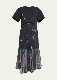 SACAI T-Shirt Layered Floral-Print Slip Midi Dress