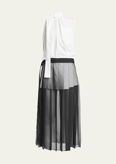 SACAI Tie-Neck Blouse Midi Dress with Sheer Skirt Overlay