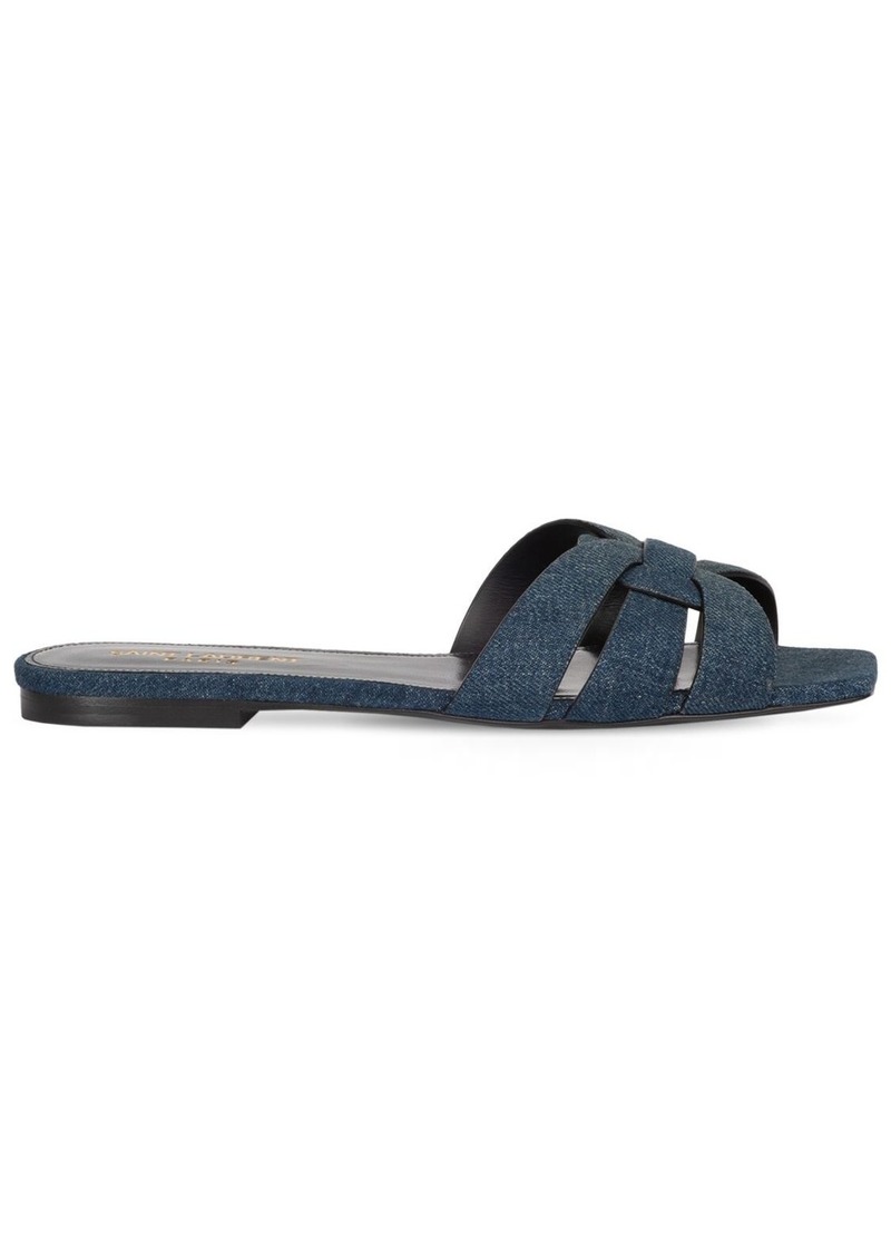 Saint Laurent 10mm Tribute Denim Flat Sandals | Shoes