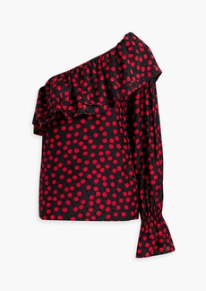 Saint Laurent - One-sleeve ruffled polka-dot silk-jacquard top - Red - FR 38