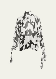 Saint Laurent Butterfly Print Silk Blouse with Tie Cuffs