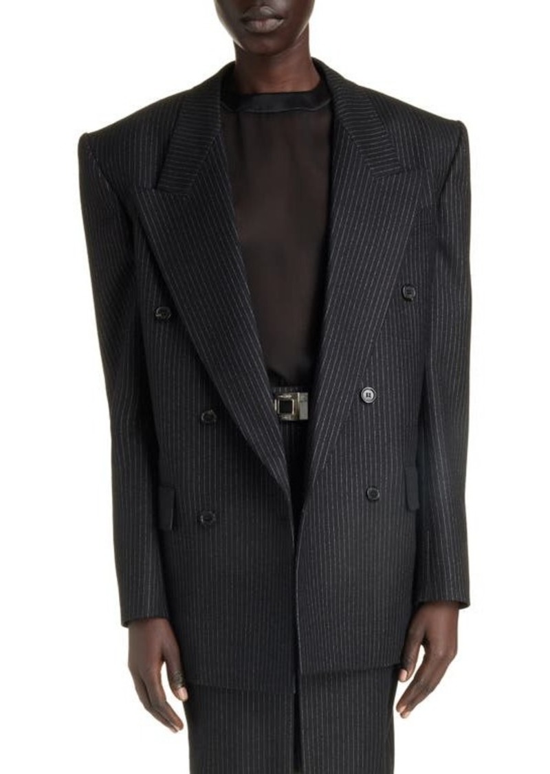 Saint Laurent Exaggerated Shoulder Metallic Stripe Double Breasted Wool Blend Blazer