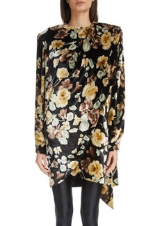 Saint Laurent Floral Drape Detail Long Sleeve Velvet Dress