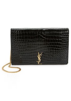 Saint Laurent Glossy Croc Embossed Leather Wallet on a Chain