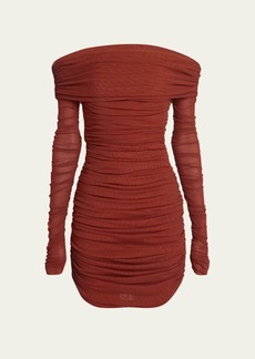 Saint Laurent Off-Shoulder Ruched Mini Dress